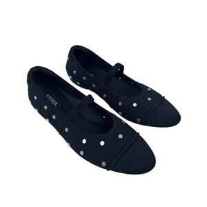 Vivaia Black Round Toe Silver Studded Mary Jane Knit Comfort Ballet Flats 7.5